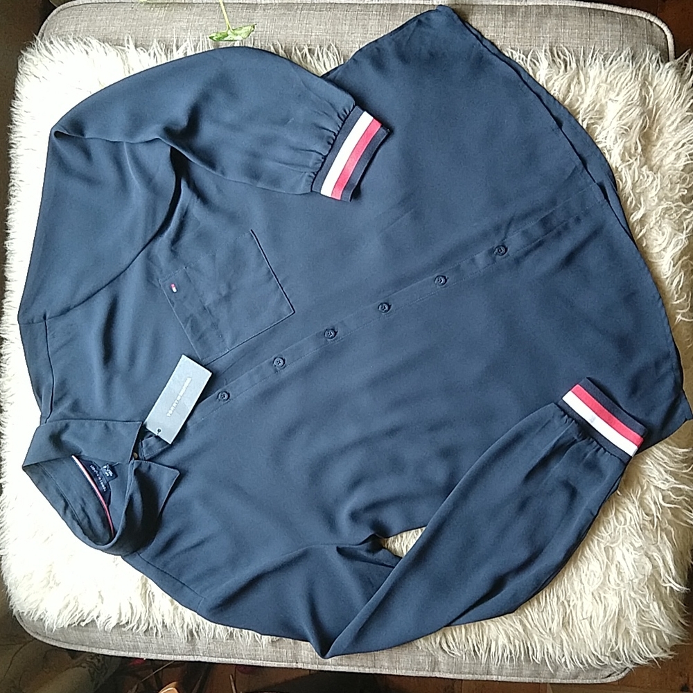 Tommy Hilfiger Navy Blue Long Sleeve Button Down Top Semi Sheer S